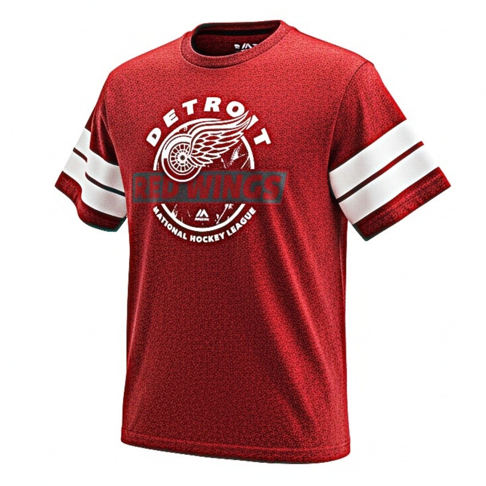 Detroit Red Wings NHL Majestic‎ Shirt Mens Large Red Heather Striped Sleeve Tee